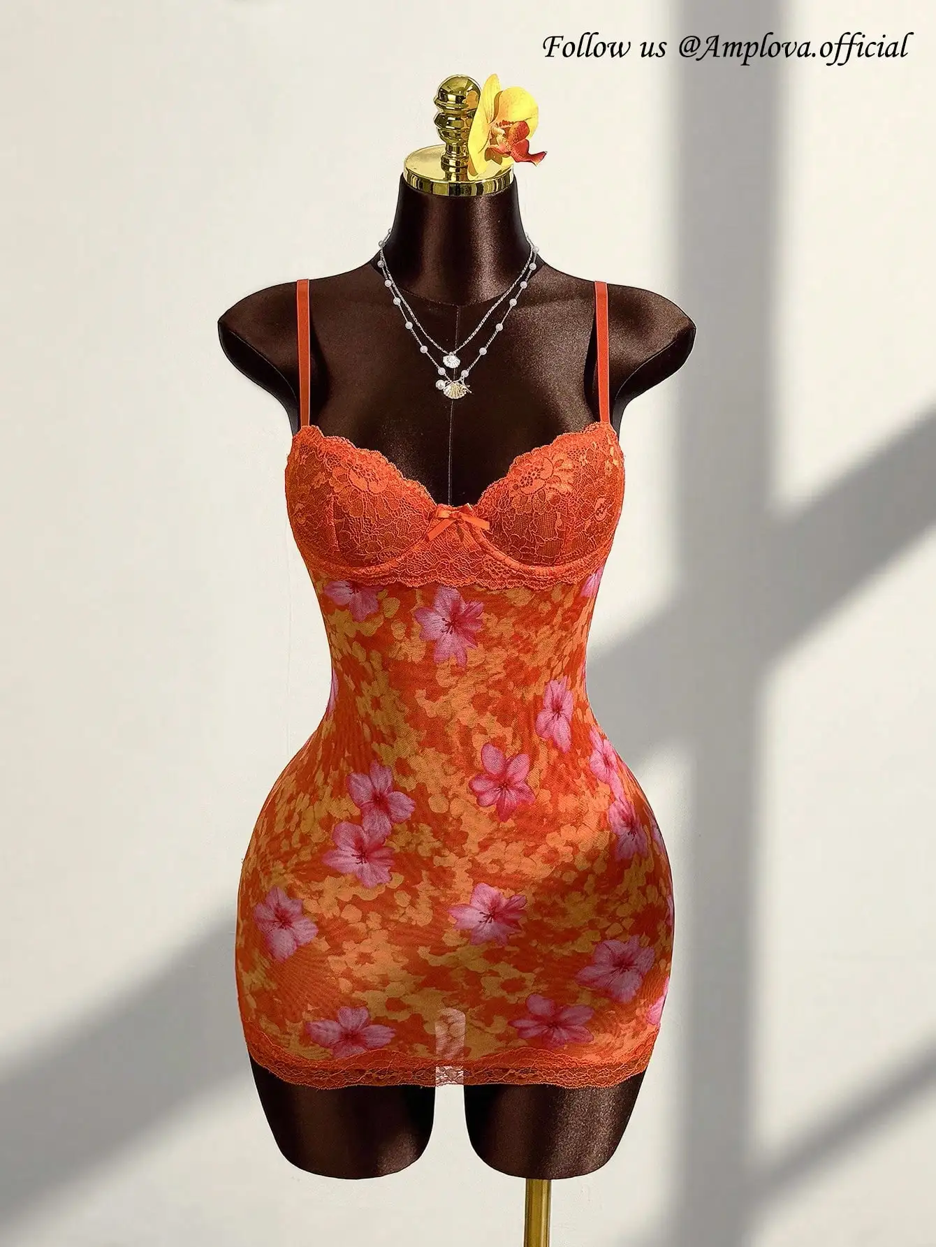 

Orange Floral Lace Mesh Bodycon Mini Dress with Cup Detail & Thin Straps
