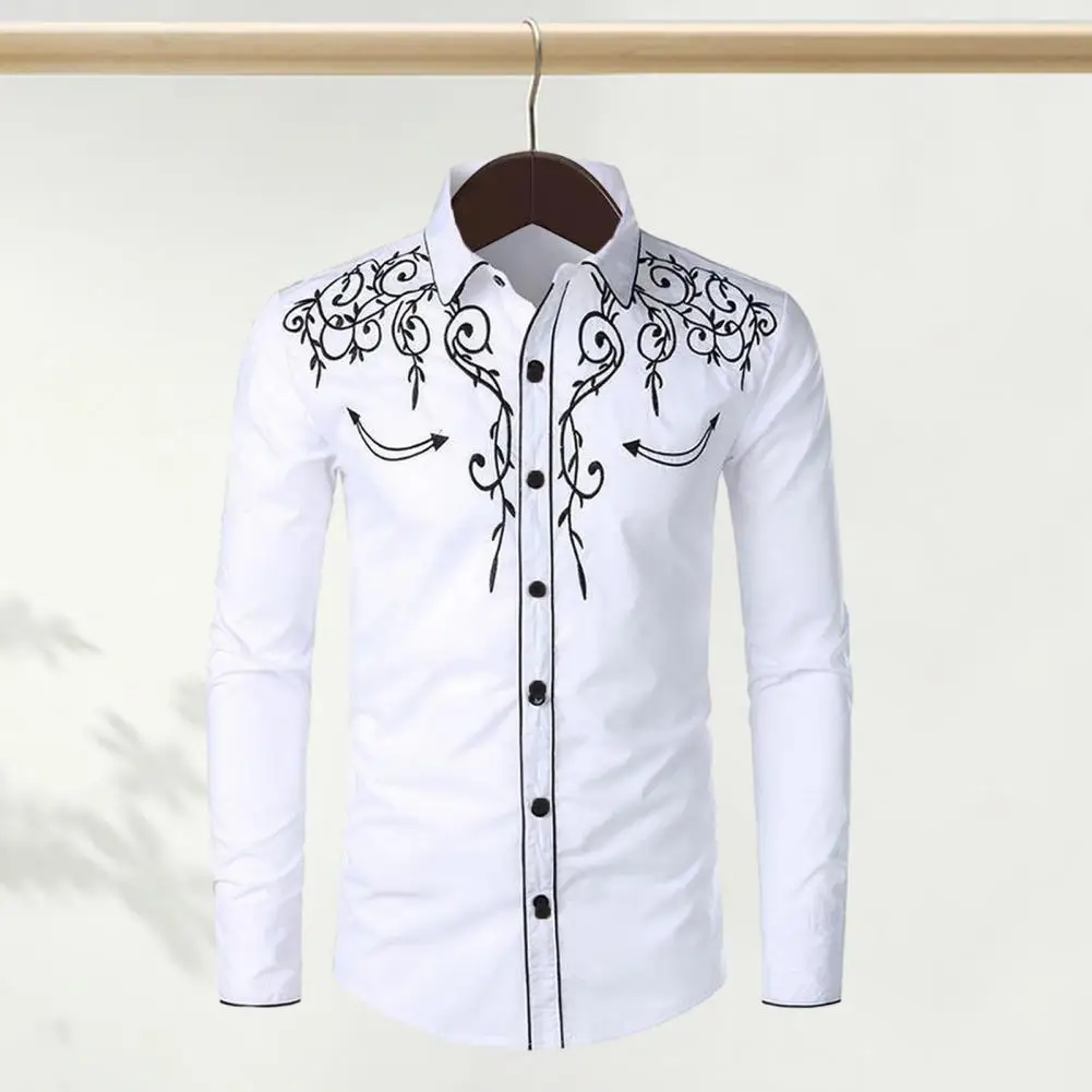 Men Western Cowboy Shirt Lapel Collar Single-breasted Long Sleeve Embroidery Slim Fit Casual Shirt Top Banquet Button Down Shirt