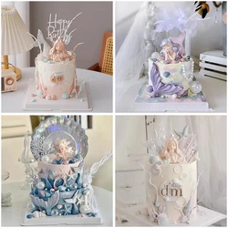 Marine Theme Girls Birthday Cake Decorations Resin Ocean Princess Cake Topper Conch Shell Fairy Mermaid Fish Tail for Kids Gift