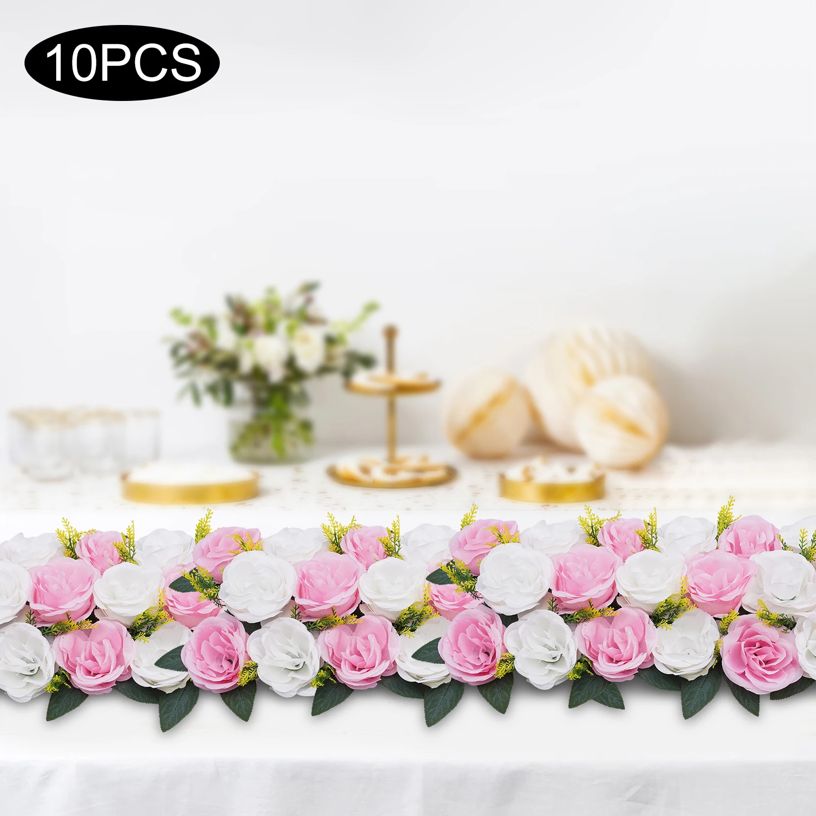 10Pcs Artificial Rose Flower Arrangements Pink+White for Wedding Party Kitchen Living Room Reception Table Decor