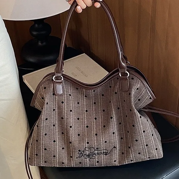 korean-style-polka-dot-handheld-tote-bag-women's-large-capacity-shoulder-underarm-bag-trendy-cool-lightweight-for-autumn-winter