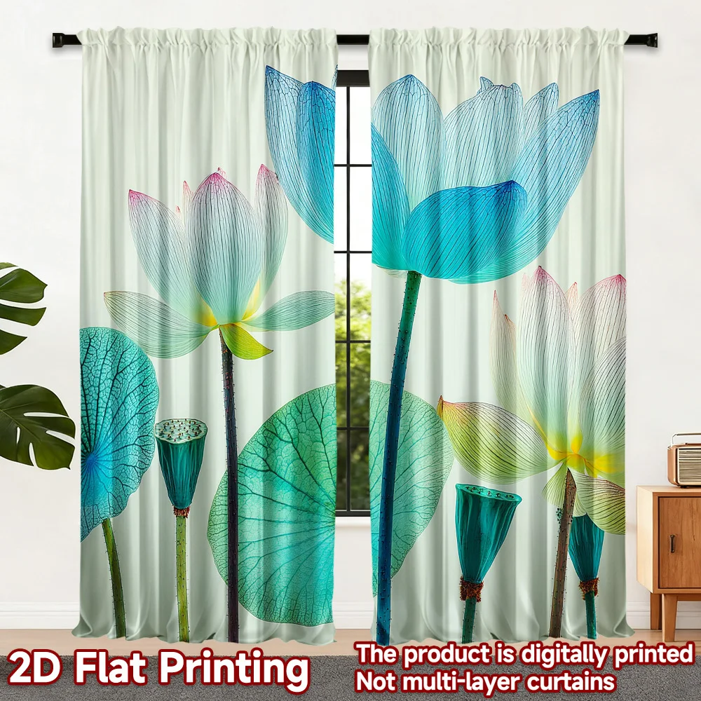 Tropical Botanical Flower Curtains 2pcs Blue Green Watercolor Art Print Window Drapes Modern Living Room Curtains Pair