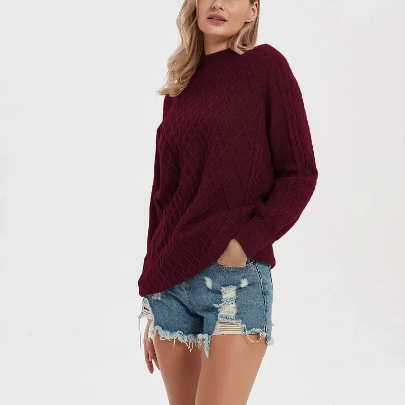 

Retro Ribbing Knitted Sweater Women Half High Collar Solid Colors Long Loose Casual Knitted Pullovers Autumn Winter Warm Clothes