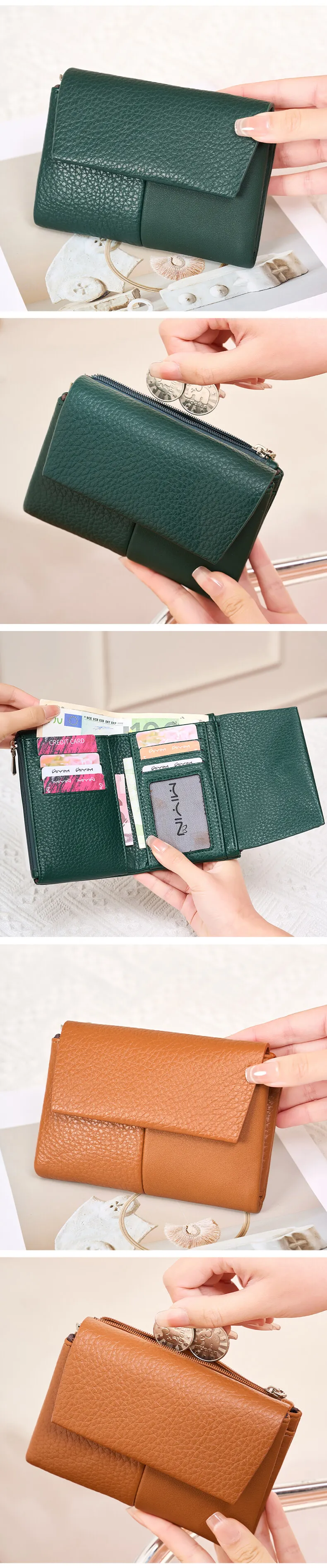 RFID-geschützte Damen-Geldbörse, stilvolle zweifach faltbare Geldbörse mit großer Kapazität, Kreditkartenhalter, Münzbörse, Doppelreißverschluss, Damen-Handtasche – Detail 5