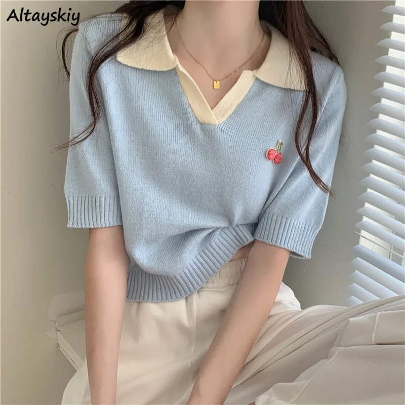 Cherry Cute T-shirts for Women 2022 Summer Korean Style Tops Mujer Harajuku Preppy Sweet Knitted Girlish Students Casual Retro