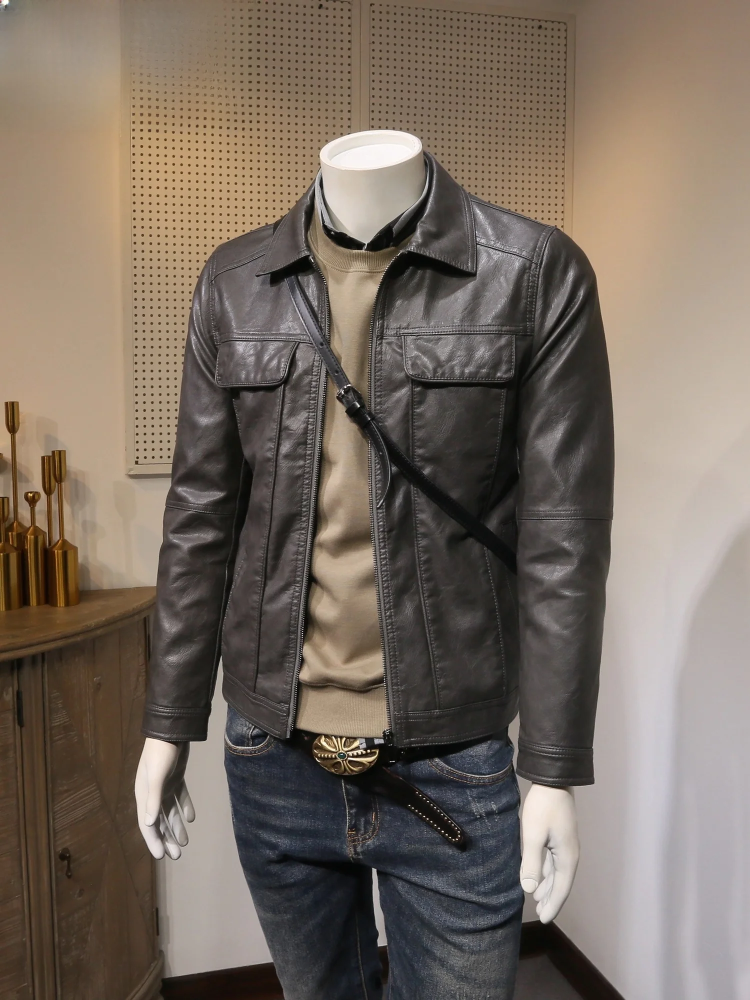 

Casual Leather Biker Jaet for Men Real Leather Commute Sle Slim Fit Zipper Closure Long Sve Warmth Busin Casual Coat