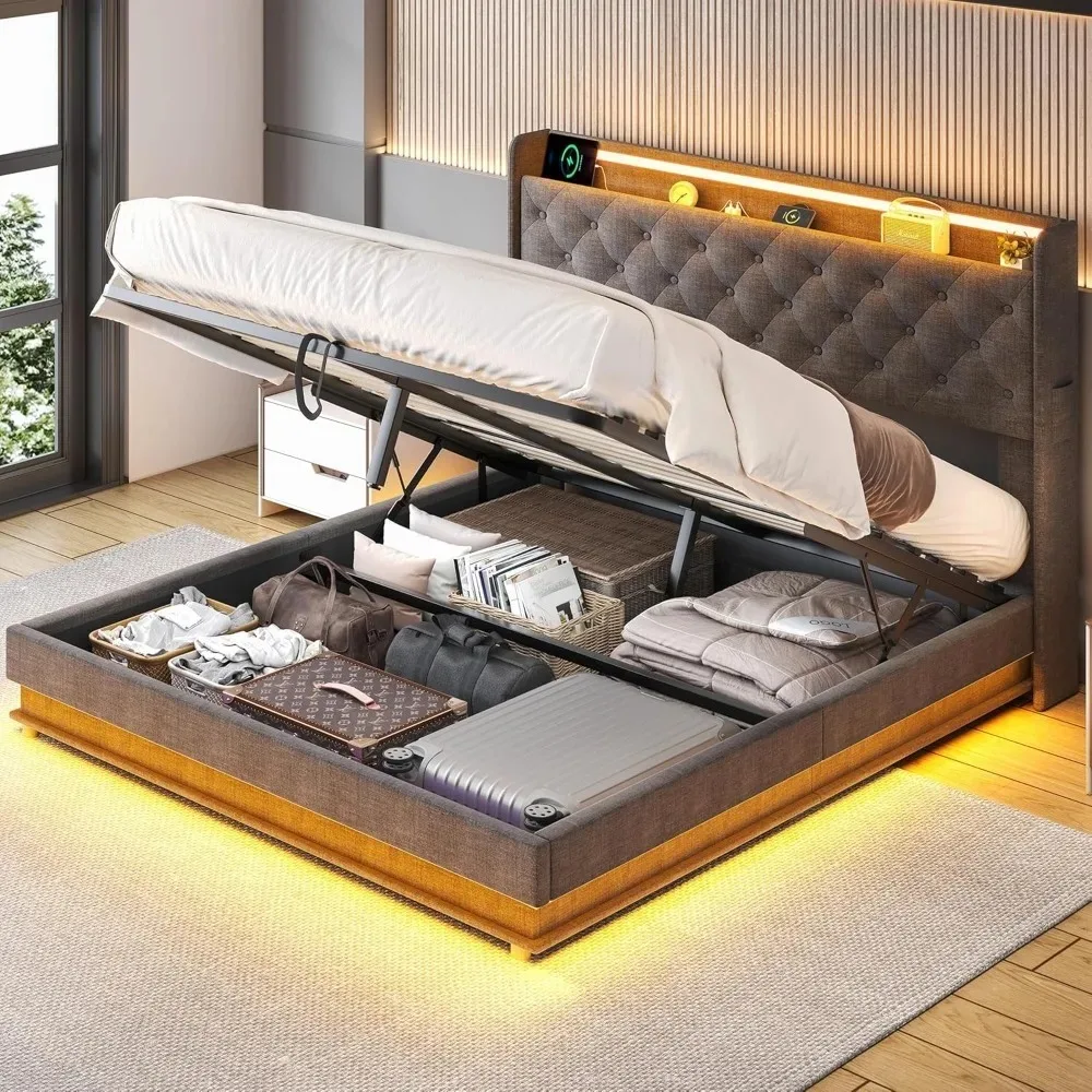 

Lift Up Storage Queen Bed Frame with Headboard, Upholstered Platform Bed with Charging Station & Led Lights,Queen Bed with Butto