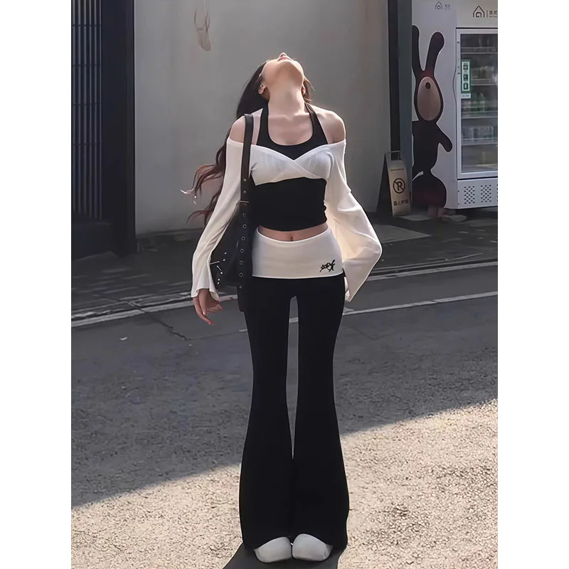 Retro Style Korean High Waist Pants Shoulder Bared Short Top Two Piece Set Anti Aging Autumn Fashion Women's Casual Wear