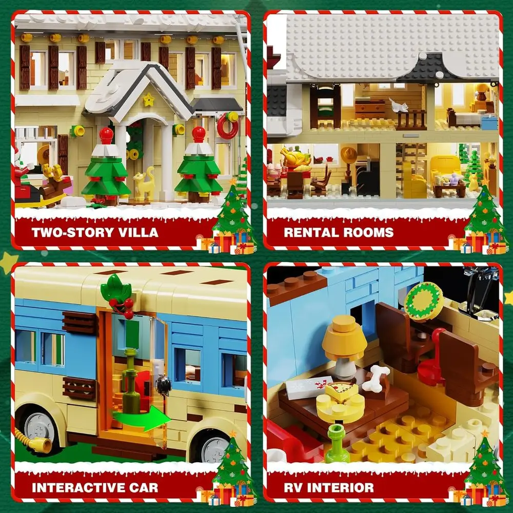 Zestaw do budowania wioski świątecznej z oświetleniem, śnieżna chata i kamper - 2098 elementów, zimowa zabawka dla dorosłych