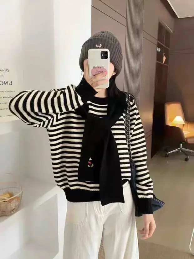 Весна 202, свободный женский полосатый трикотаж, дизайн Sensation для похудения, универсальный корейский зимний теплый длинный све, круглый Ne