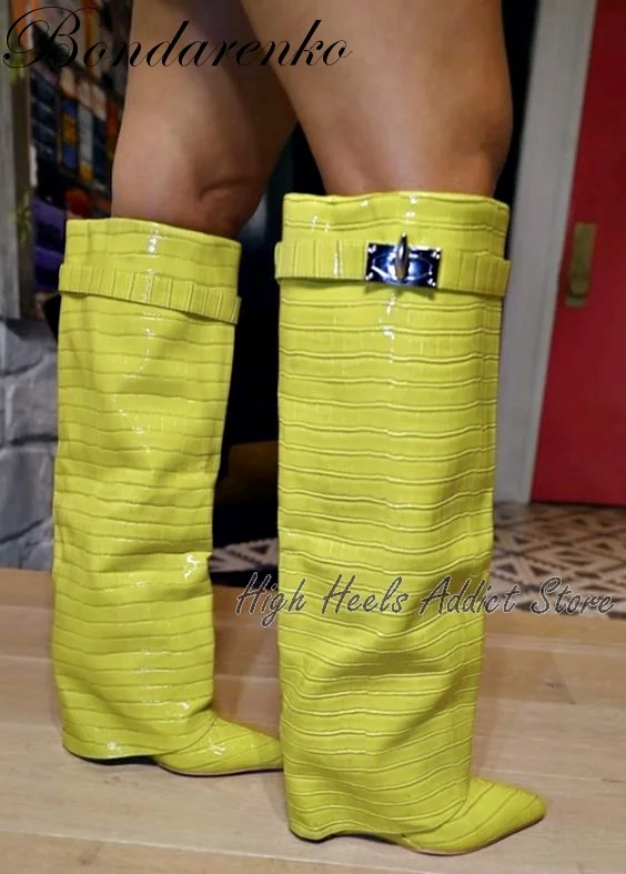 

Women Pink Shark Boots Yellow Knee High Boots Metal Buckle Pointy Toe Wedges Tall Boots Leather High Heel Shoes Booties Spring