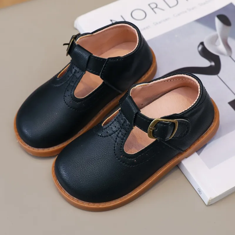 2024 New Children Mary Jane Shoes British Style T-strap Three Colors Vintage Little Girl\'s Leather Shoes School Kids Flats Boys