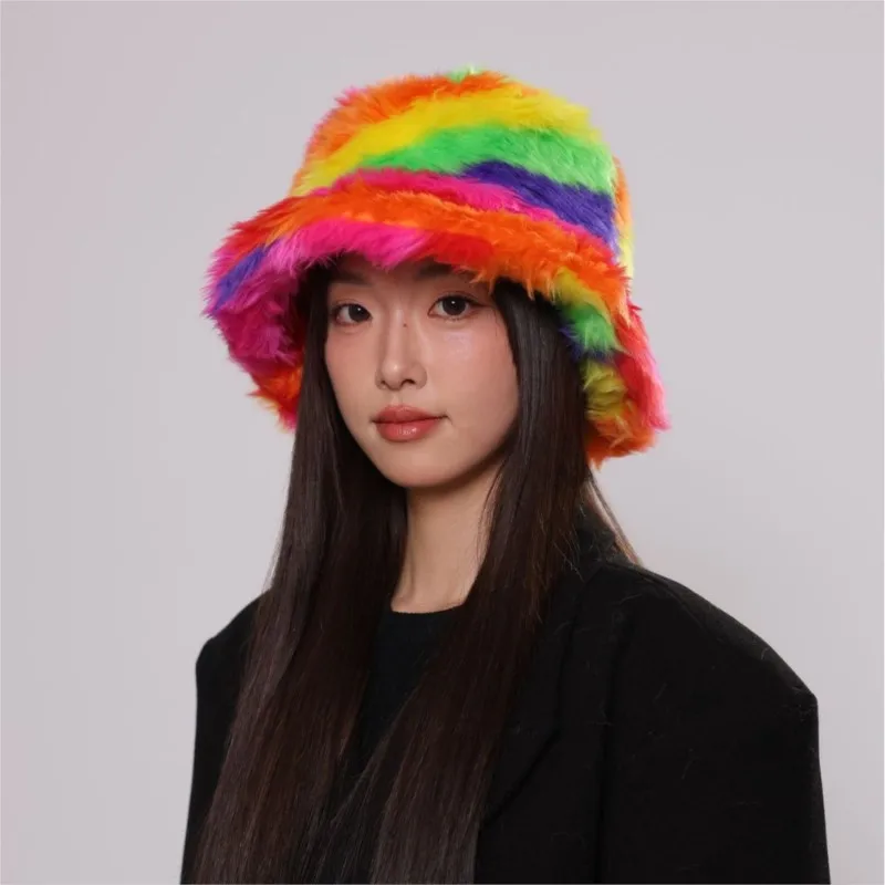 New autumn and winter fashion seven-color tie-dyed plush fisherman's hat warm cold-proof basin