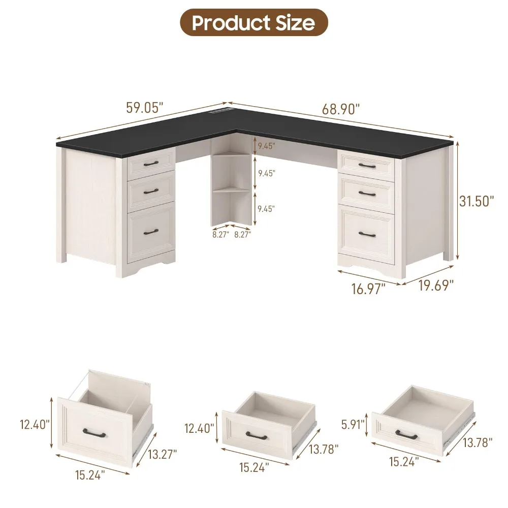 Wood L Shaped Executive Desk with 6 Drawers, Farmhouse Home Office Desk with Power Outlets and Triangle Under-Desk