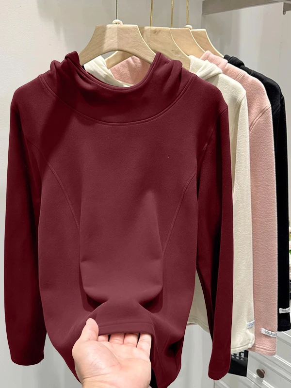 Ladies Large Size Hoodie Long Sve Thermal Sweatirt Winter Faion Simple Color Versatile Warm Hat irt Base Top