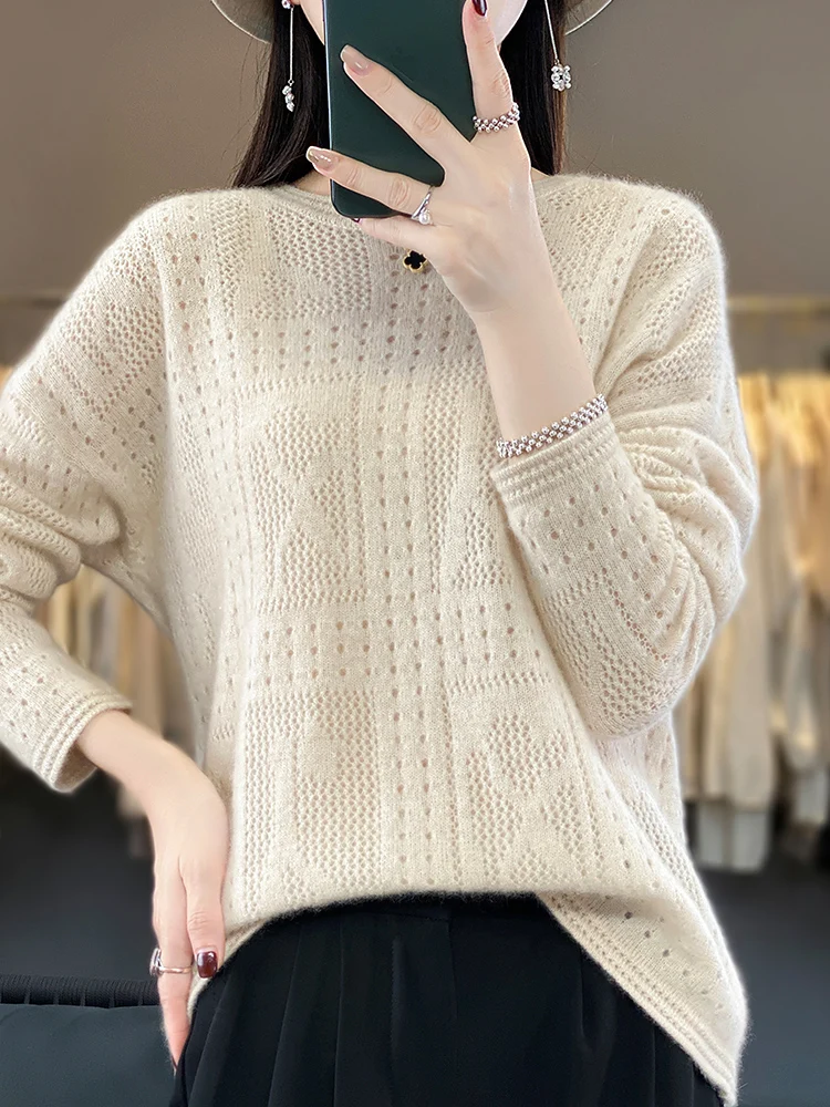 2024 Fashion musim semi musim gugur wanita Sweater kasmir 100% Merino wol rajut Pullover berlubang O-Neck Ladylike atasan lengan panjang