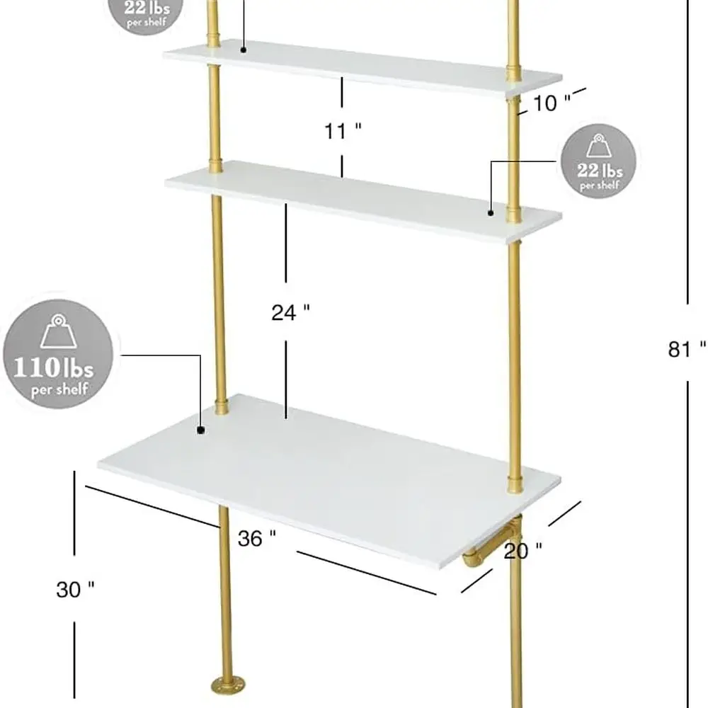 Compact Modern 36 Industrial Style Wall-Mounted Writing Desk with Ladder Shelf for Small Spaces