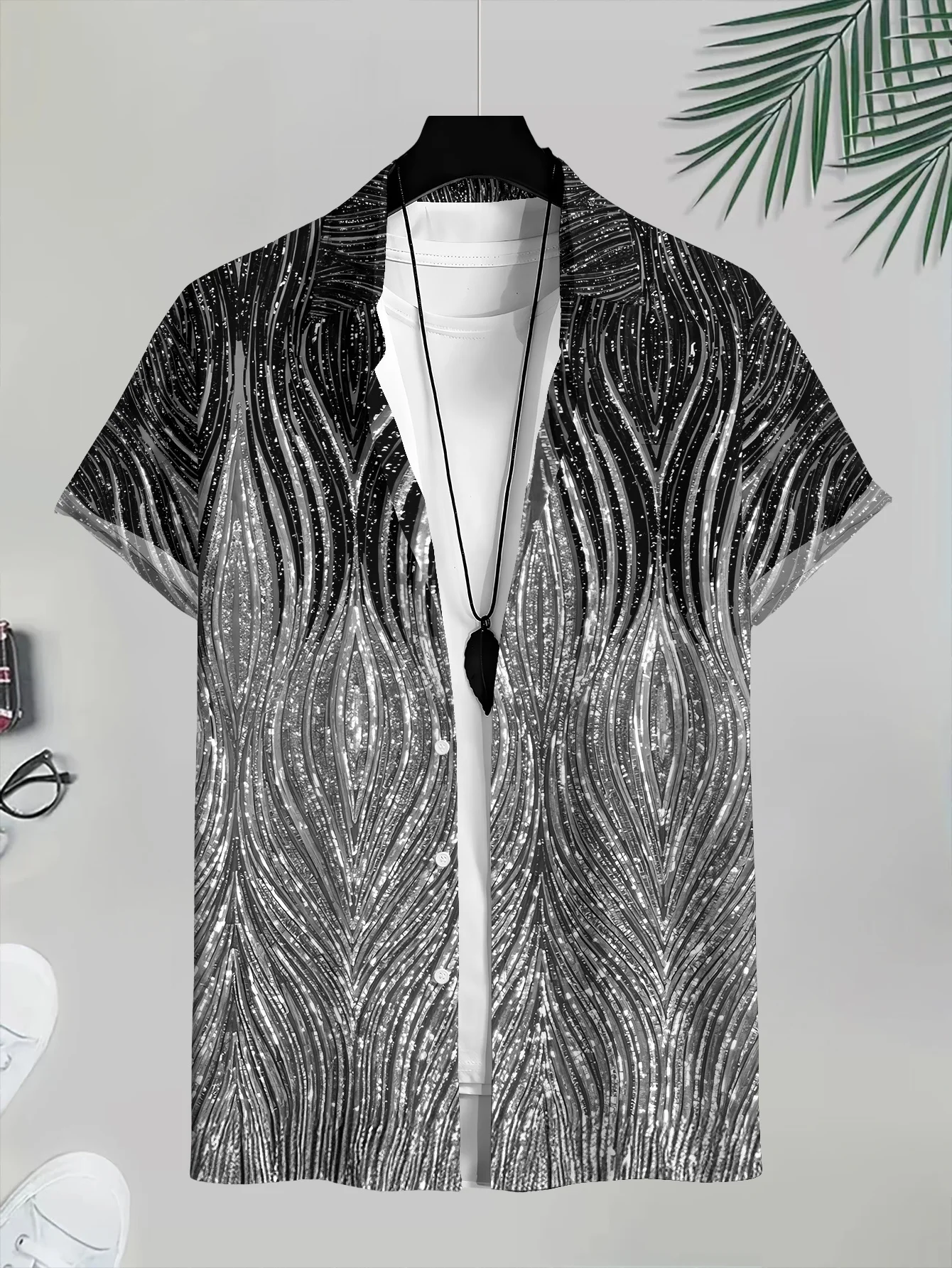 Men's Abstract Wave Glitter Texture Print Short Sleeve Lapel Shirt Summer Party Loose Casual Mens Clothing