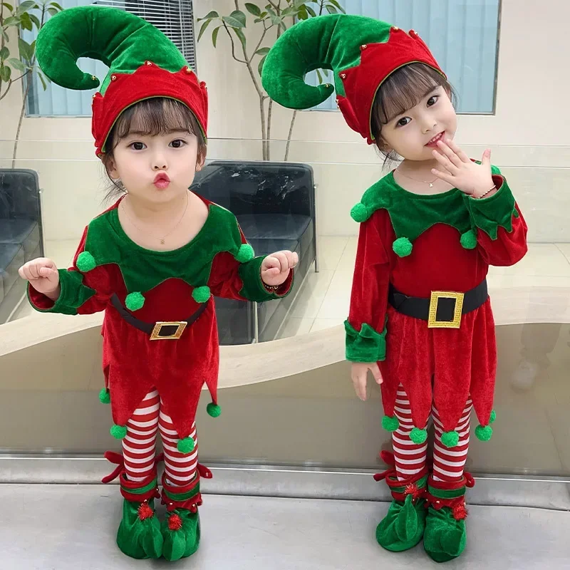 Disfraz de elfo de Año Nuevo para niña, conjunto de traje de Papá Noel verde con sombrero, vestido de fiesta de Navidad elegante, disfraces de actuación