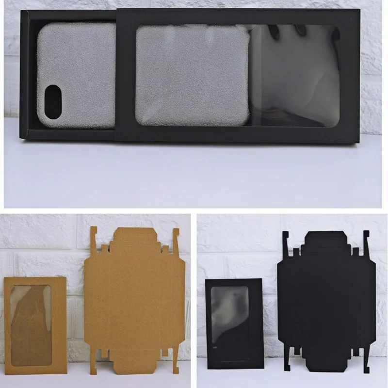 Kraft Cardboard Phone Case Packaging Box Red/White/Brown/Black Paper Drawer Box With Clear Window