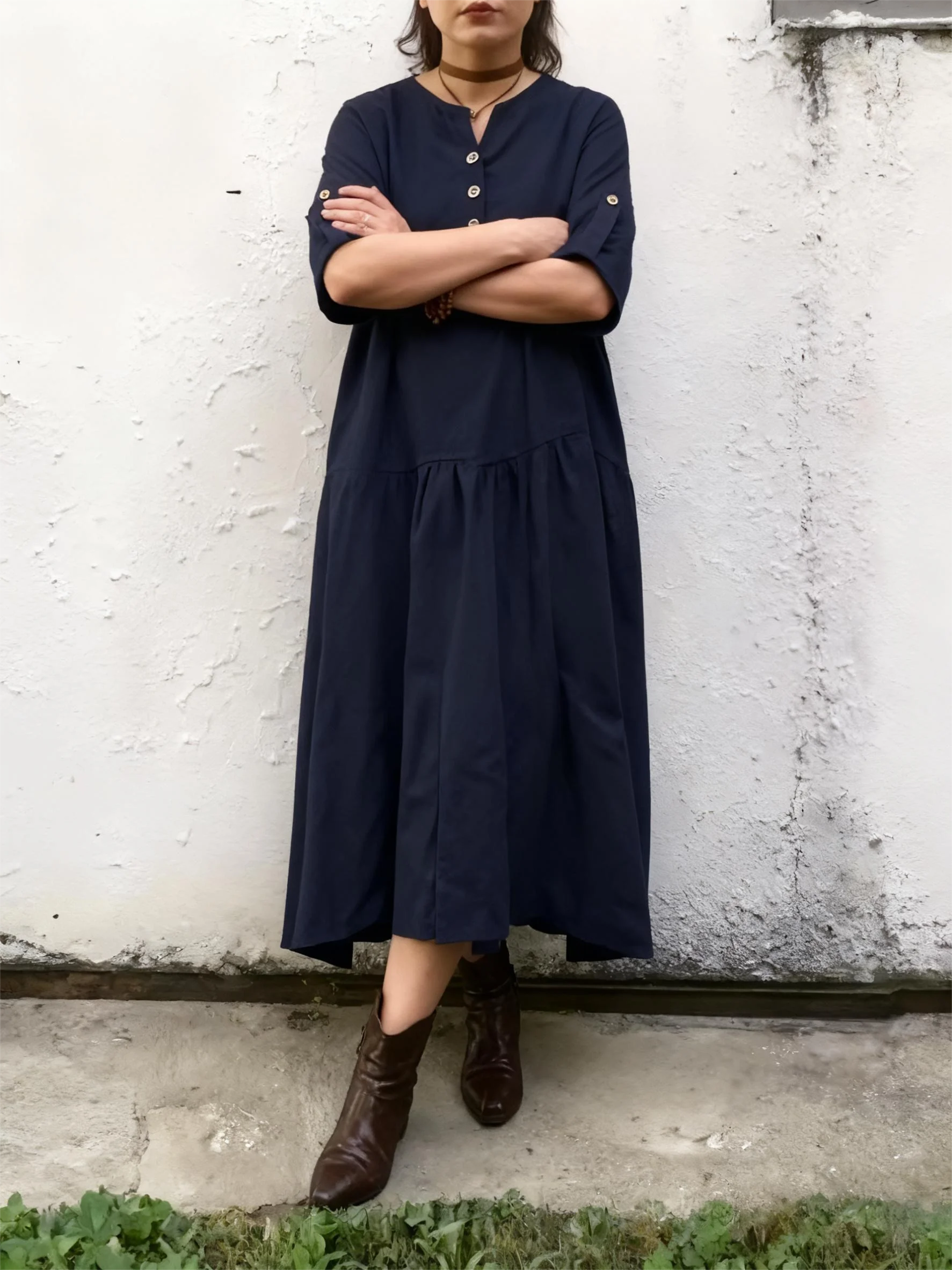 女性用ドレス カジュアル 3/4 スリーブ ボタンドレス ソリッド バギー ルーズフィット 流れるようなサマーマキシドレス