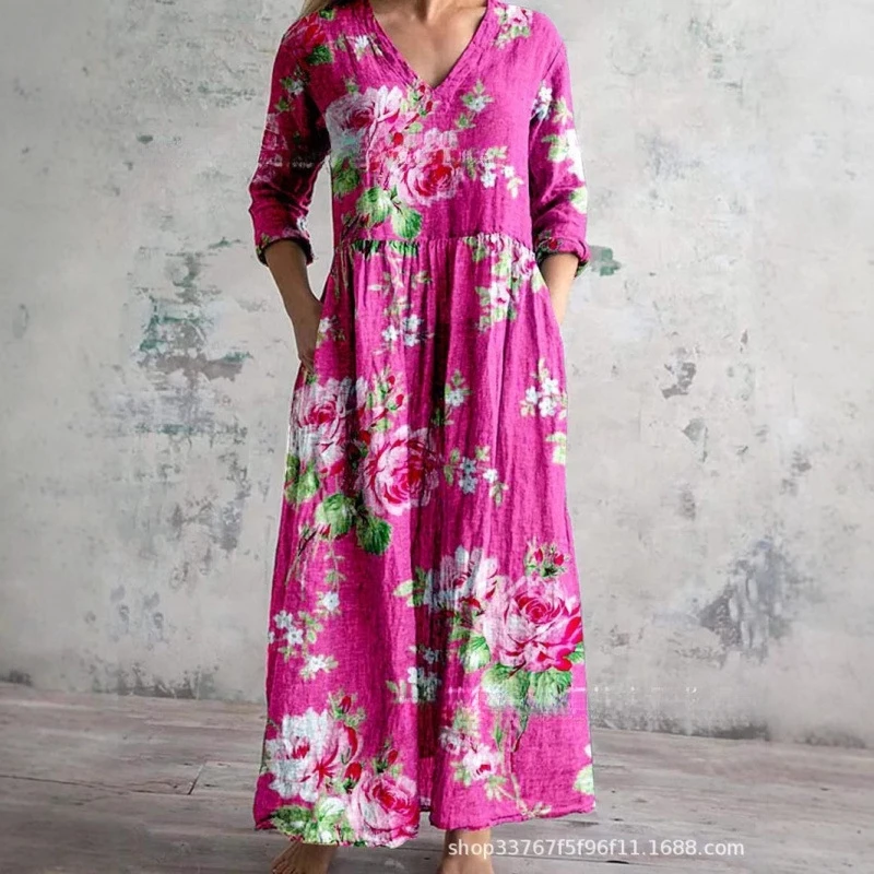 夏カジュアルルーズ長袖ドレス 3D プリント花柄女性のファッションエレガントなビーチウェアパーティー着用マキシドレス