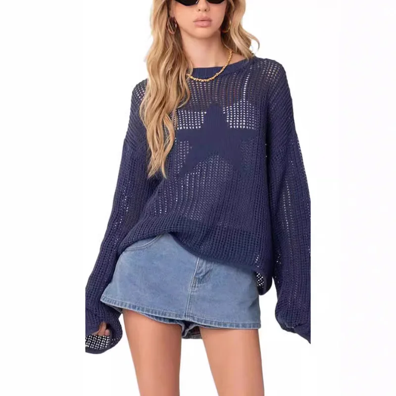 

Spring and Autumn New Round Neck Hollow Street Style Knitted Hoodie for Spicy Girls, Loose and Versatile Knitted All-match Top