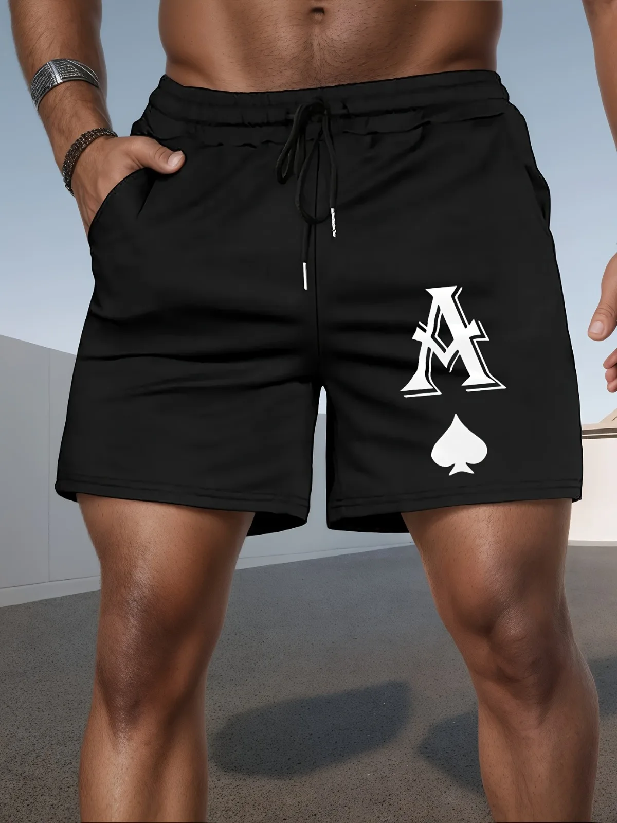 

Мужские спортивные шорты с принтом в уличном стиле, черно-белые пики и буквы A, подходят для бега в тренажерном зале и повседневной одежды