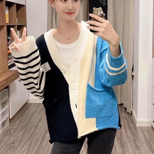 

Цветной вязаный свободный свитер Lazy Sle, универсальный корейский системный открытый кардиган, длинный воротник-стойка, обычный тонкий