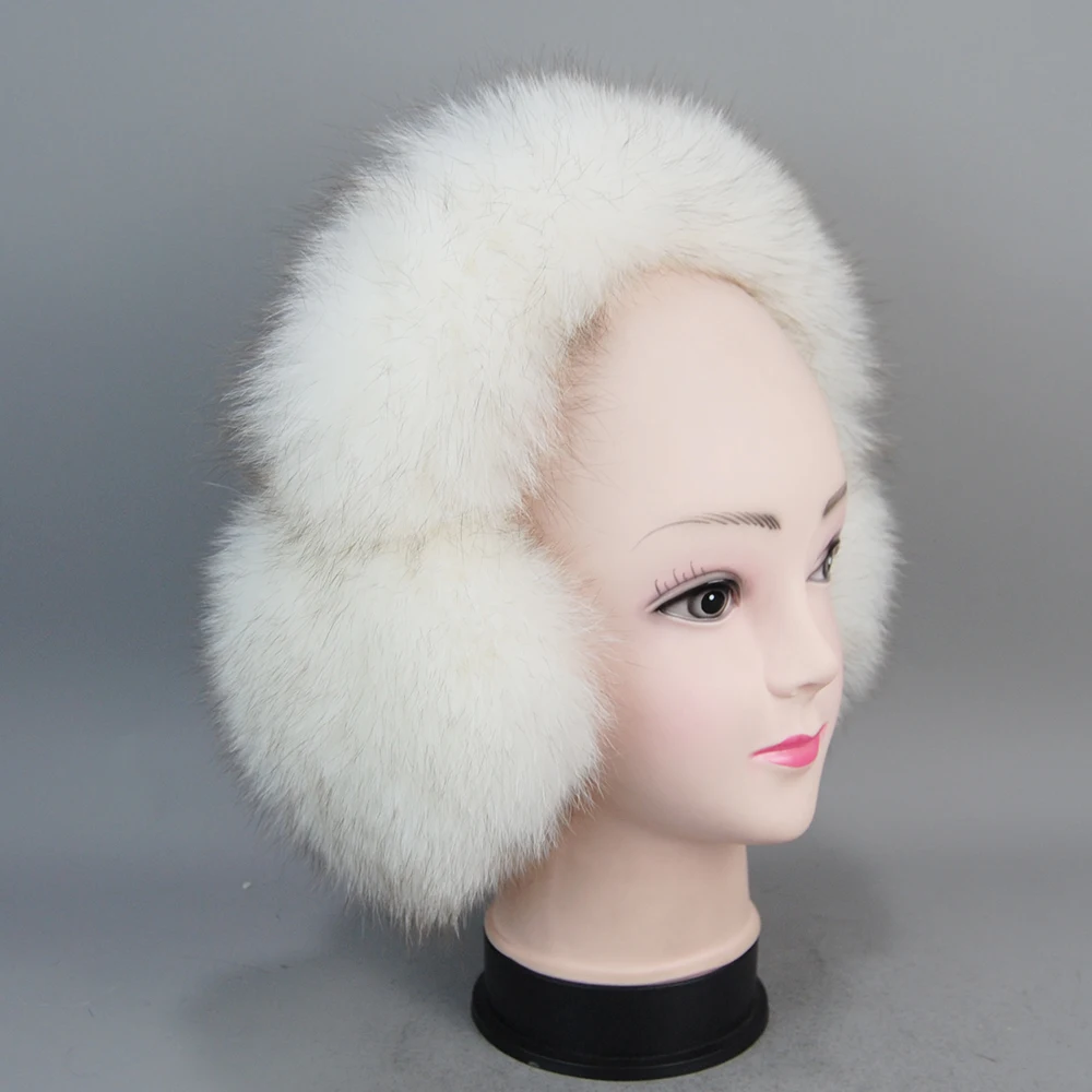 ผู้หญิง 100% ปุยหรูหราขนสุนัขจิ้งจอกธรรมชาติ Earmuffs Plush ฤดูหนาว WARM Big Pompoms Fox FUR หู Muffs หญิงขนสุนัขจิ้งจอกจริง Earmuff