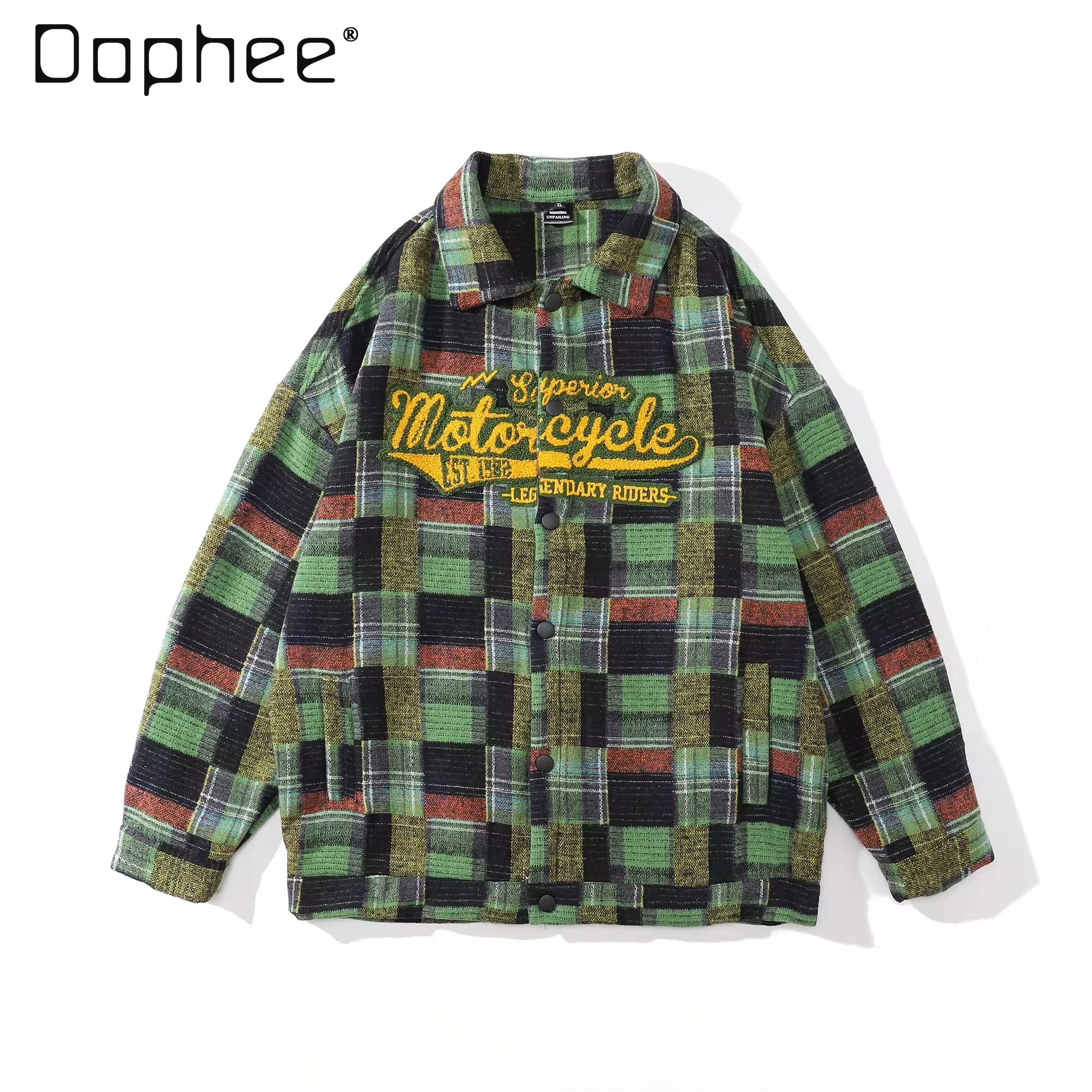 Japanese Retro Style Men's Green Brushed Plaid Turn-Down Collar Long Sleeve Shirt Thickened Red White Loose Casual Jacket