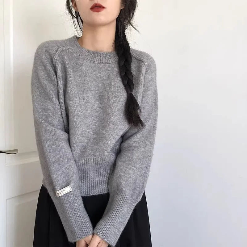 Pull court en tricot épais et chaud pour femme, couleur unie, Style paresseux, coupe cintrée, couche de Base, col rond, nouvelle collection automne hiver