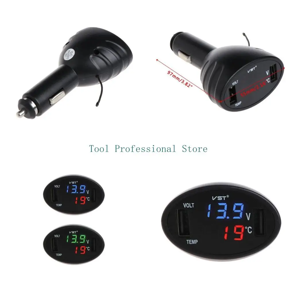 57QF Dual USB Car Meter Temp Gauge Monitor Thermometer 3 in 1