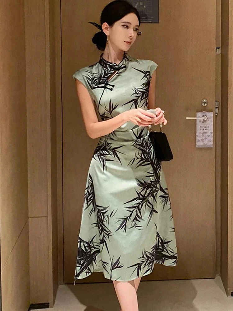 

Women Green Print Short Sleeve Stand Collar Dress Summer Pleated Bodycon Casual Long Dress 2025 Korean Elegant Luxury Prom Dress