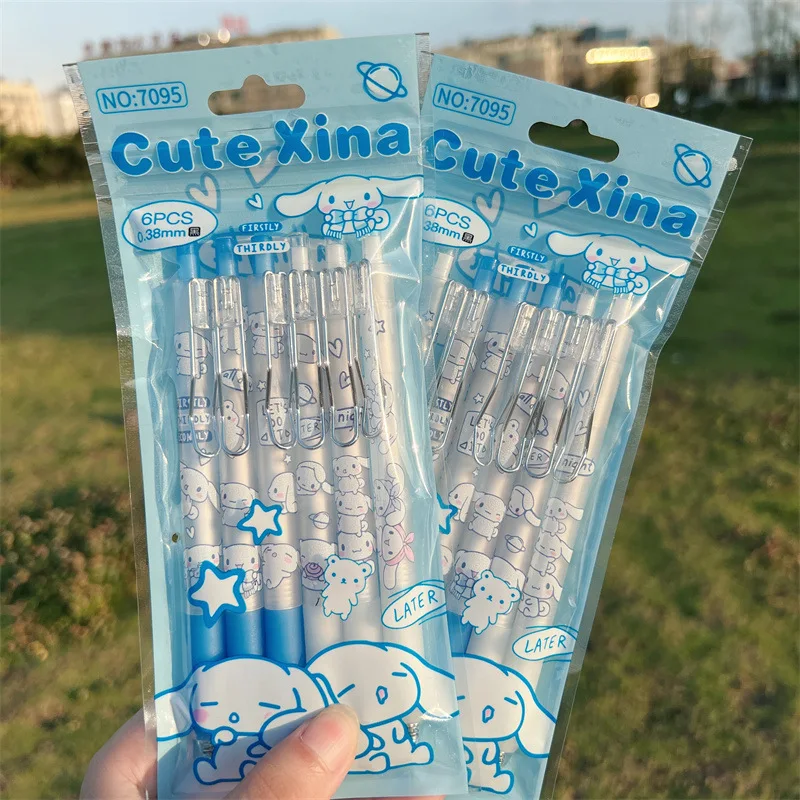 6PCS Set Creative Sanrio Roller Ball Pen Cartoon Anime Stationery Kuromi My Melody Cinnamoroll 0.38Mm Black Student Use