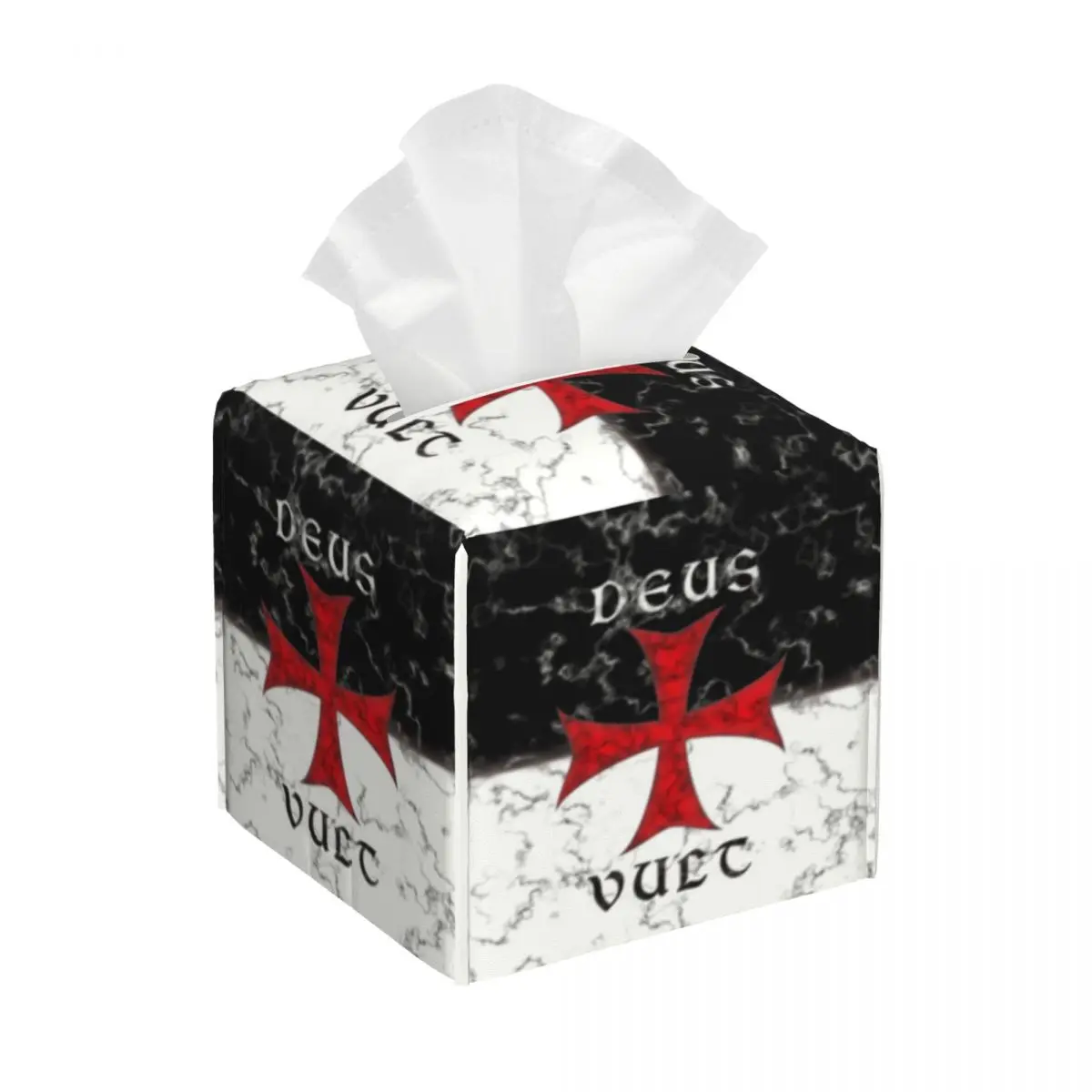 Custom Deus Vult Crusader Cross In Marble Facial Tissue Box Cover Square Knights PU Leather Tissue Box Holder for Car Toilet