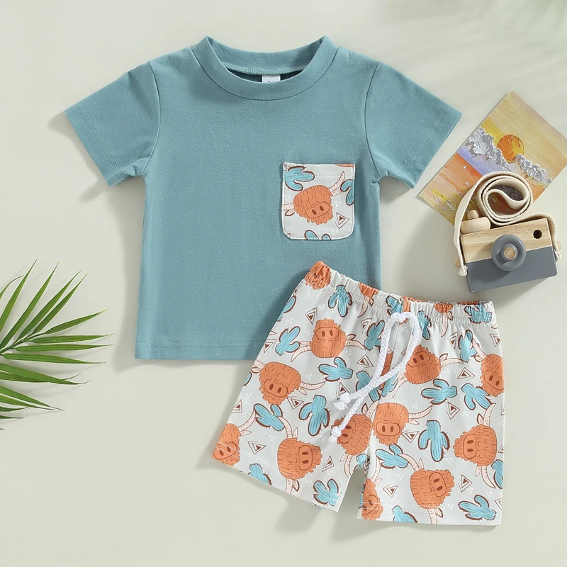 ملابس أطفال غربية ، طباعة بقرة ، تيشيرت بأكمام قصيرة ، شورت برباط ، ملابس أطفال ، الصيف ، 2 *