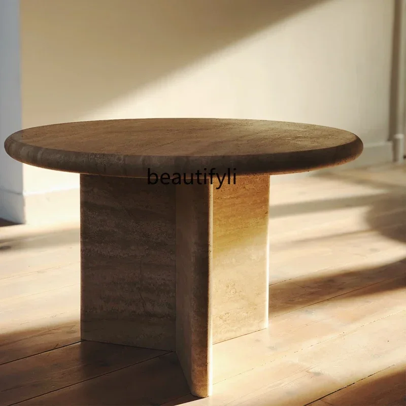 

New Wabi Sand wind travertine edge few living room sofa round homestay model room bedroom creative movable small coffee table