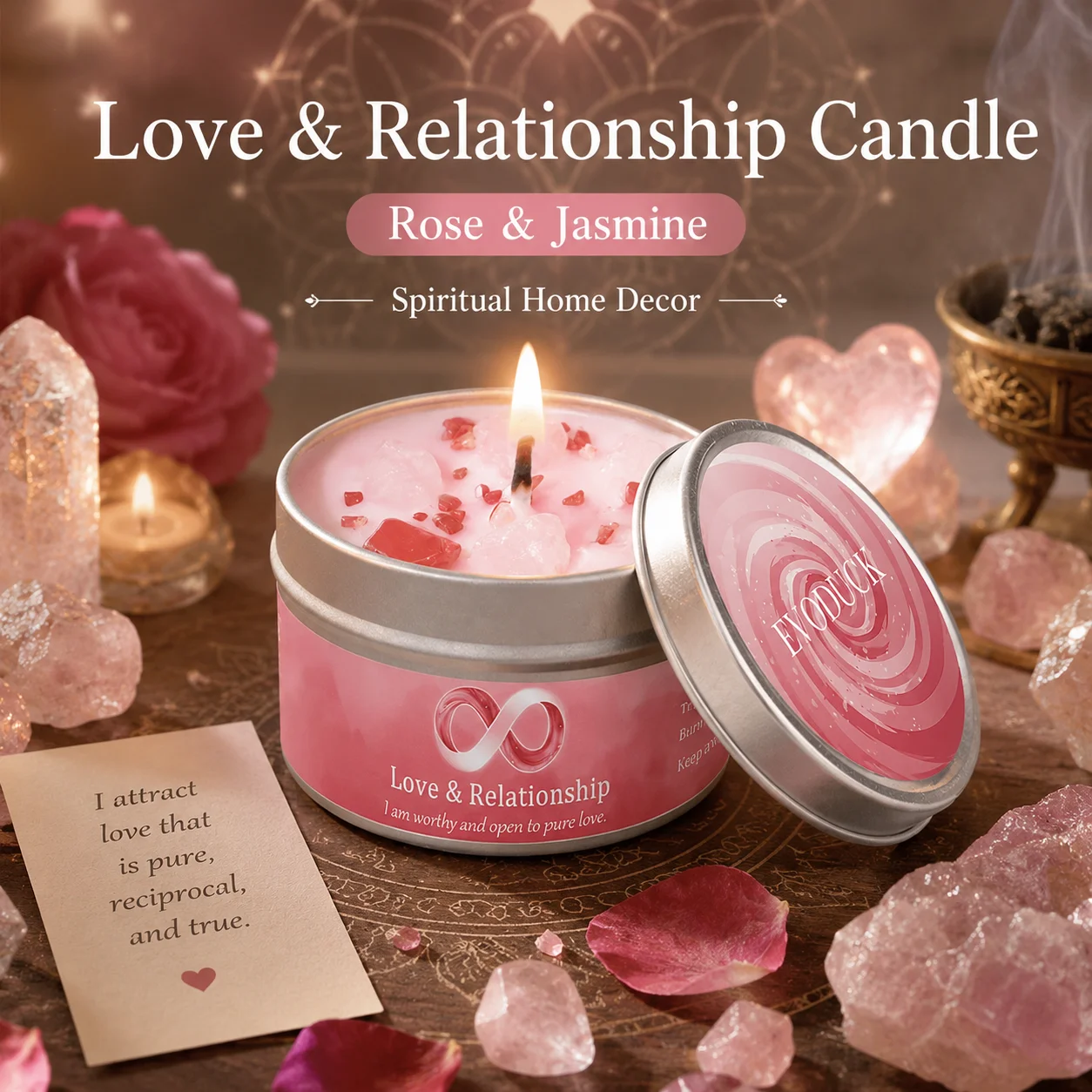 Rosen-Jasmin Duftkerze mit Kristallen Liebesenergie Manifestation Meditation Aromatherapie Entspannendes Geschenk für Frauen Freundin