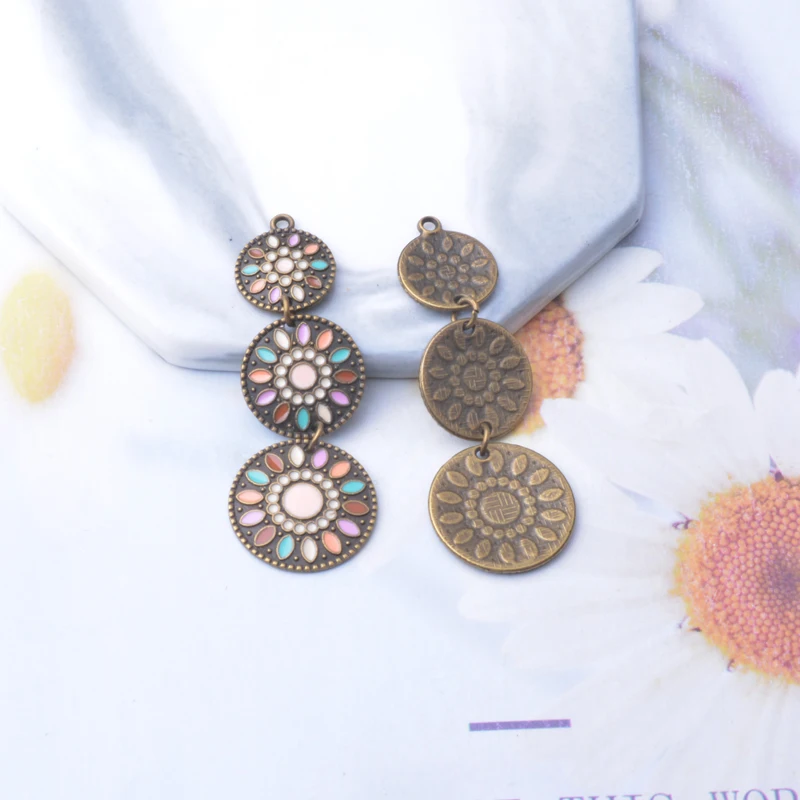 6 Stück/Set Legierung Antikbronze Silberfarben Runde Lange Anhänger Bohemian-Stil Emaille Anhänger DIY Ohrringe Schmuckzubehör – Detail 5