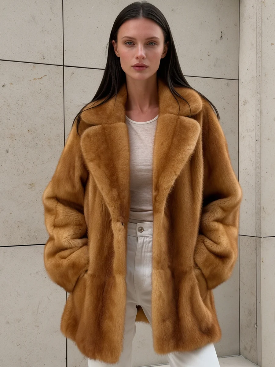 Women Lapel Faux Mink Fur Coat Loose Oversized Warm Winter Plush Mid Length Outerwear