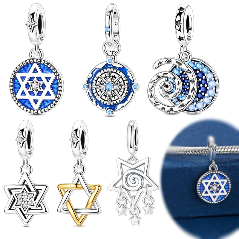 

Original 925 Sterling Silver Charms Hexagram Charms Blue Zircon Inlay Pendant Fit Original Bracelet Necklace DIY Jewelry Gift