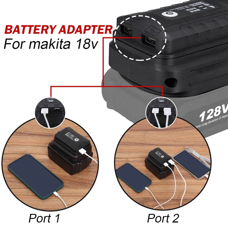 Imagem -02 - Usb Carregador de Celular para Makita Lâmpada Led Adaptador Lanterna Preto 18v Li-ion Bateria