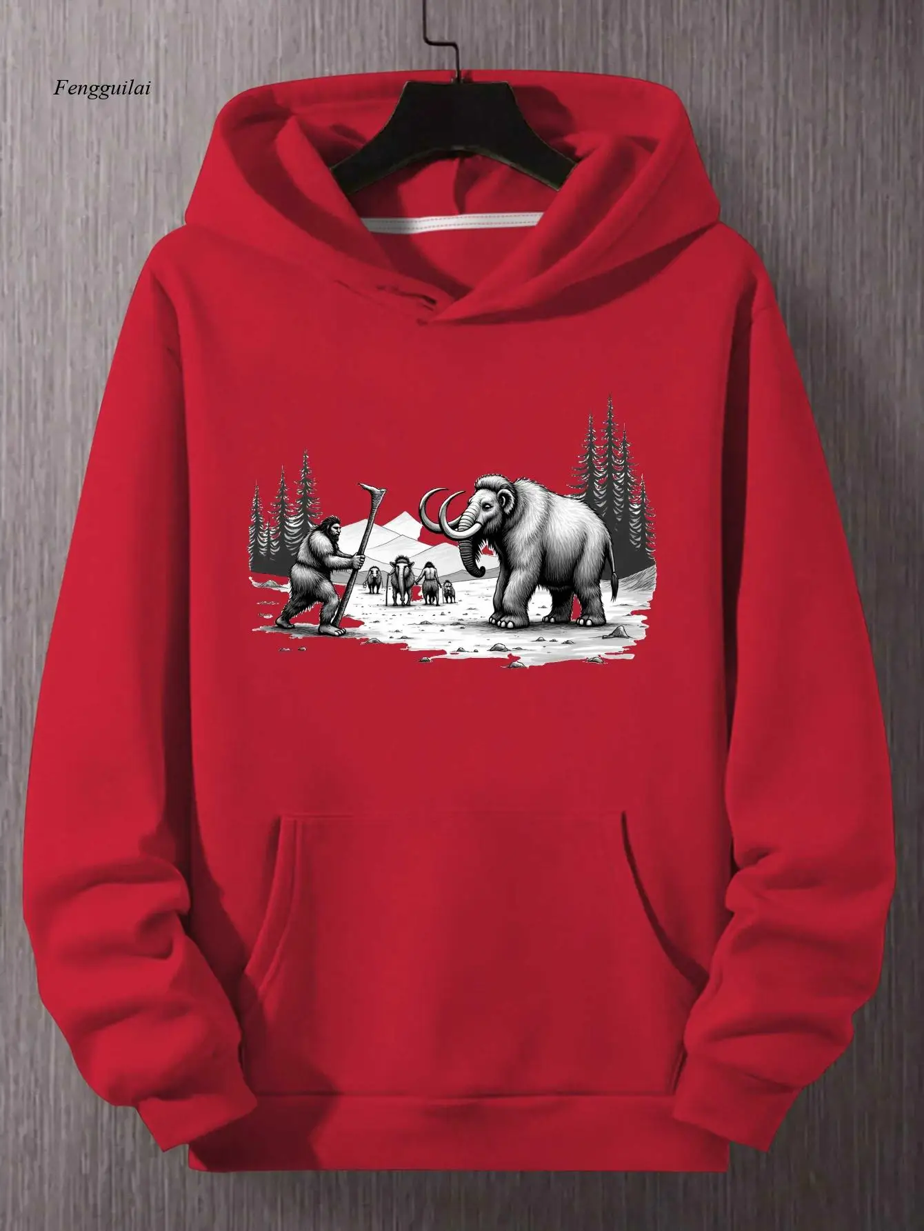 Dramatyczne sceny łowienia z czasów zimnej epoki - męskie bluzy z kapturem |   Luźny krój, materiał bez rozciągania, idealny na jesień/zimę