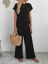 Women's Set 2024 Summer New Black YRound Neck Bat Sleeve Shirt Wide Leg Pants Two Piece Set For Women Versatile Casual Outfits