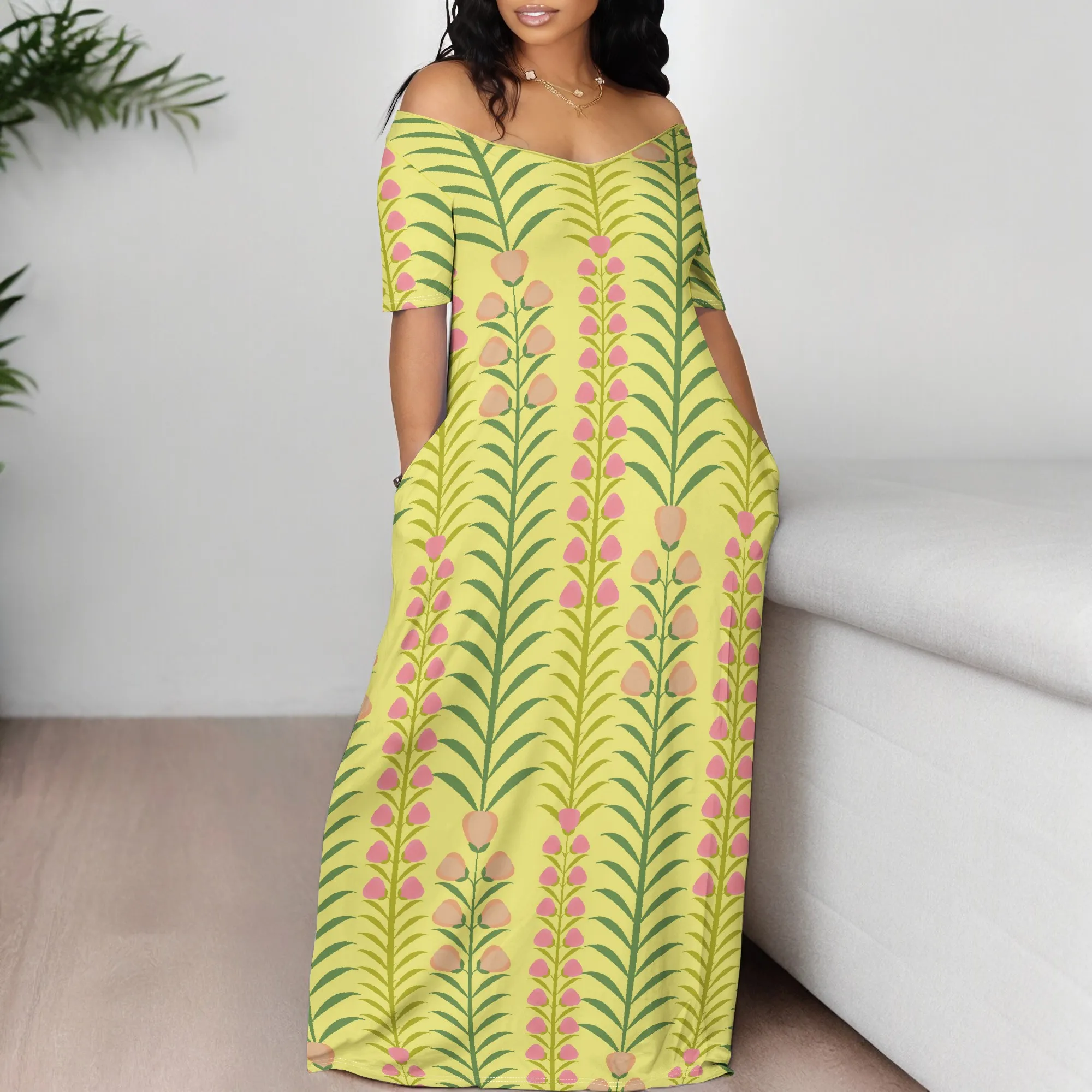 

Nupusa Botanical Print Dress for Women Regular Size Summer Casual Off - Shoulder Half Sleeve Maxi Dress