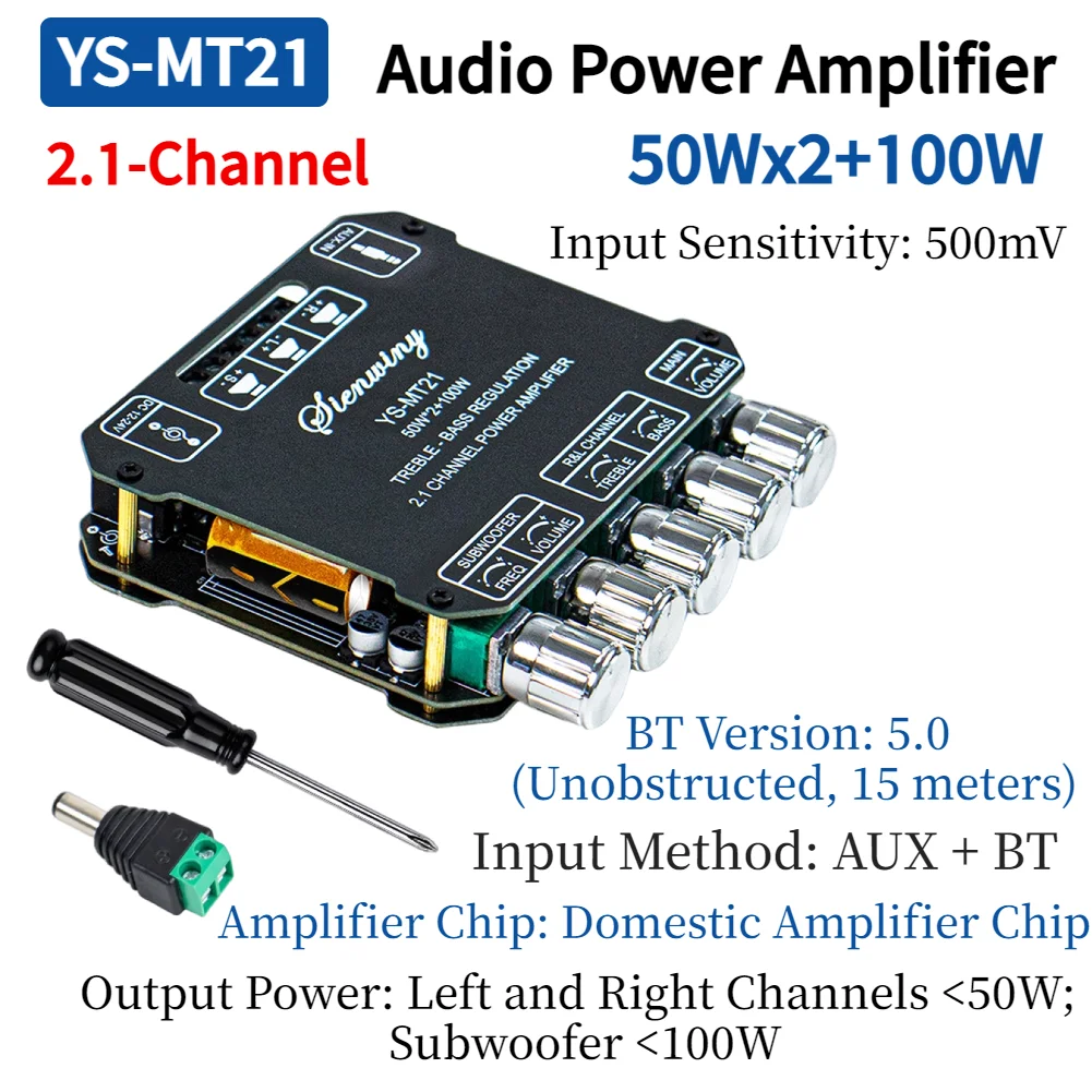 YS-MT21 2.1-Kanal Audio-Leistungsverstärker 50W*2+100W Digitalmodul Subwoofer AUX BT Kabellos 12/24V Stereo HiFi Lautsprecher