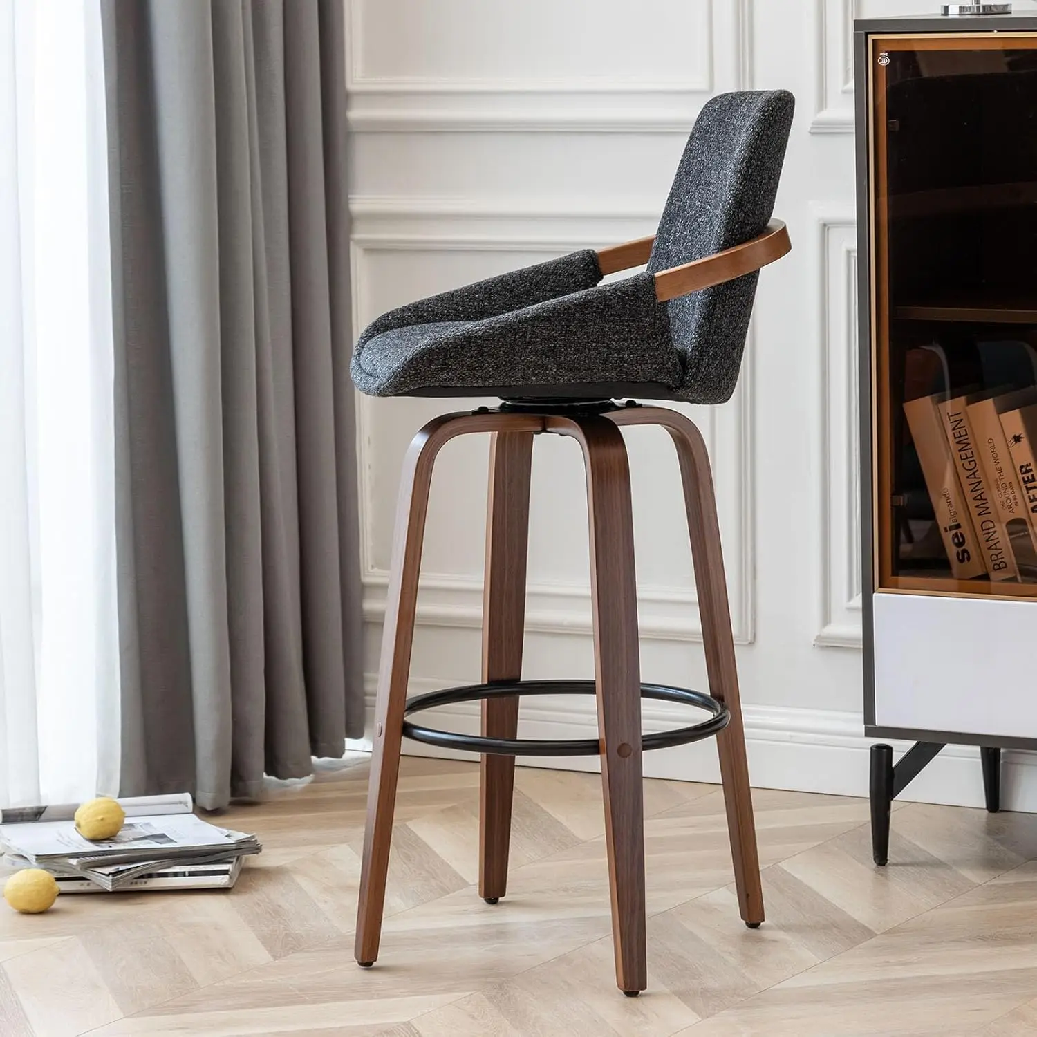 LUNLING 60 cm barkrukken op barhoogte, set van 2 moderne retro barstoelen uit het midden van de eeuw, houtskoolgrijs linnenlook, stof gestoffeerd en