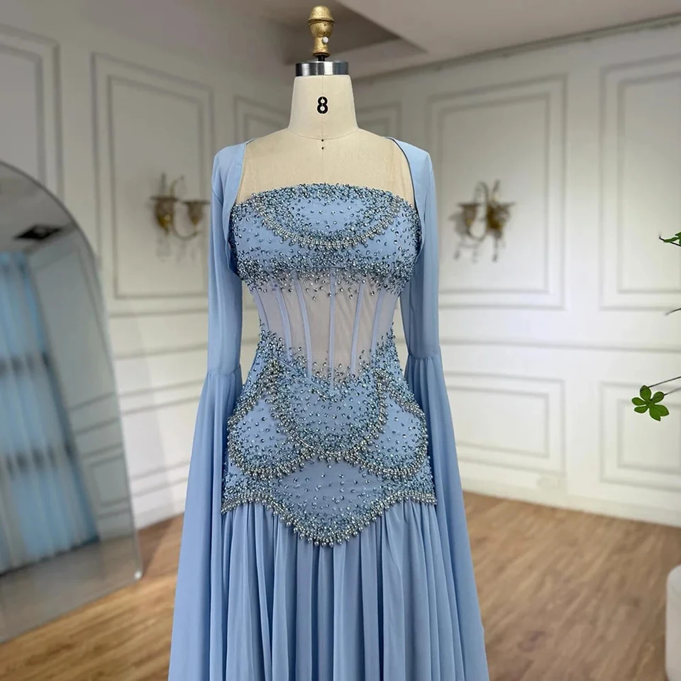 맞춤형 럭셔리 진주 태슬 블루 이브닝 드레스 플로잉 코트 케이프 크리스탈 정교한 2025 비치 파티 가운 이브닝 드레스