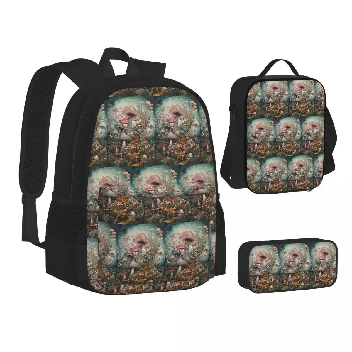 Magical Mushroom Field Backpacks Boys Girls Bookbag School Bags Kids Rucksack Lunch Bag Pen Bag Three-Piece Set